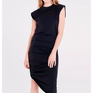 Veronica Beard Black Denali Signature Ruching Cap Sleeve Asymmetric Midi Dress